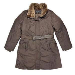 Anne Klein Rabbit Fur Trimmed Coat Sz M Brown Down Filled Belted Classic Jacket